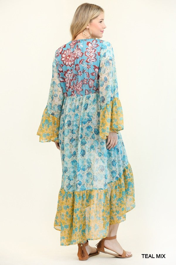 Floral Print Mixed Cardigan in Teal