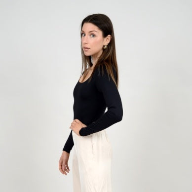 Bodysuit U Neck Long Sleeve-Black