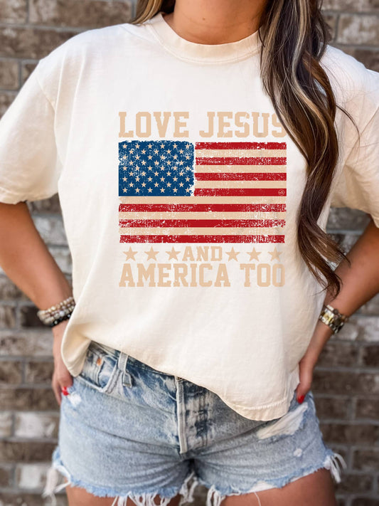 Inspirational Tee- Love Jesus and America Too- Ivory