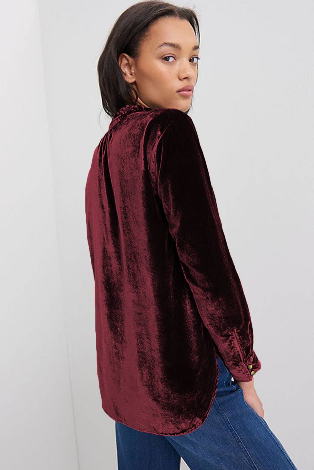 Ruffled Collar Button Front Velvet Blouse- Burgundy