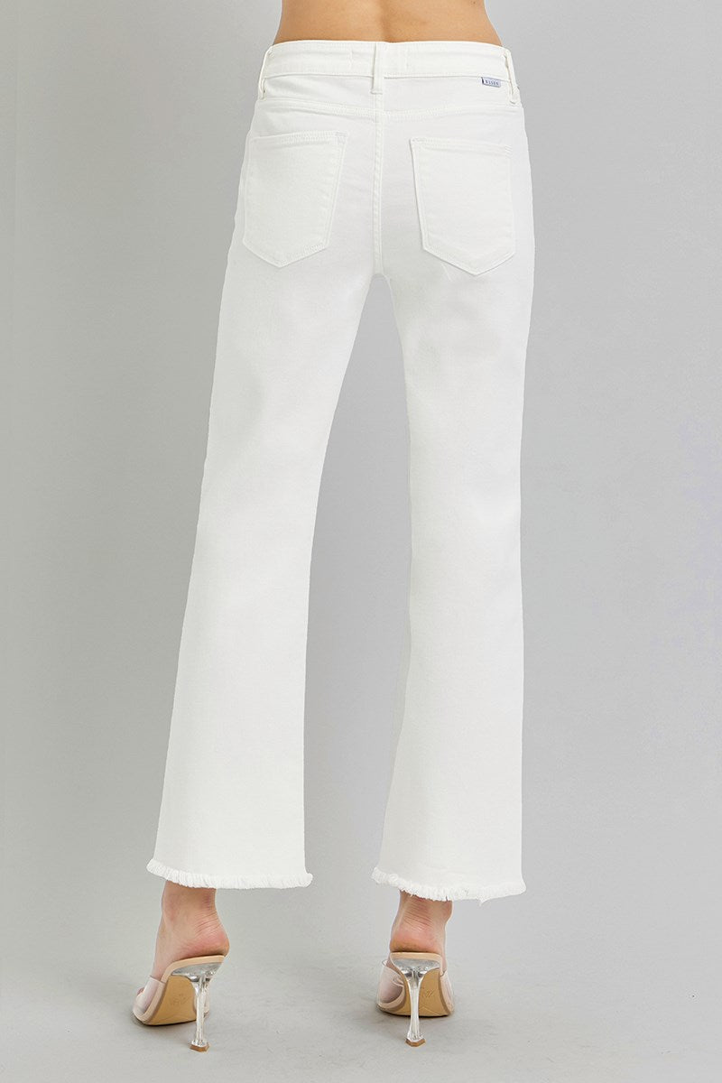 TC Mid Rise Crop Straight Fray Hem Pants - White