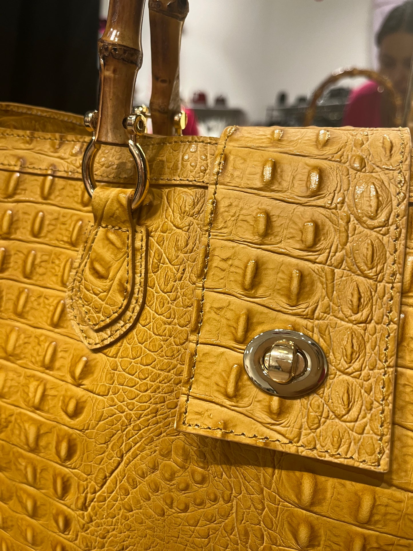 Leather Italian XL Tote Croco-Mustard