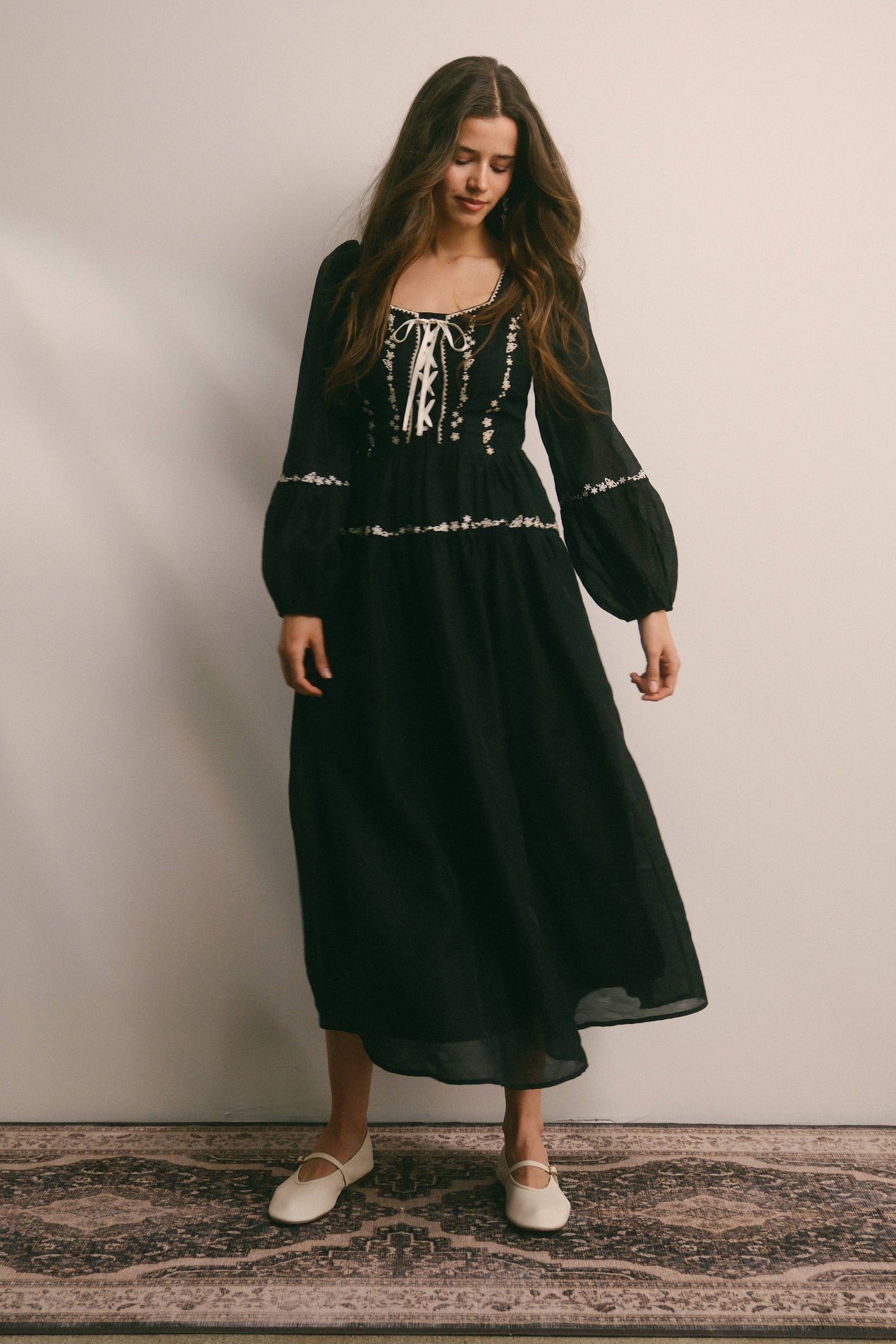 Floral Jacquard Corset Midi Dress - Black