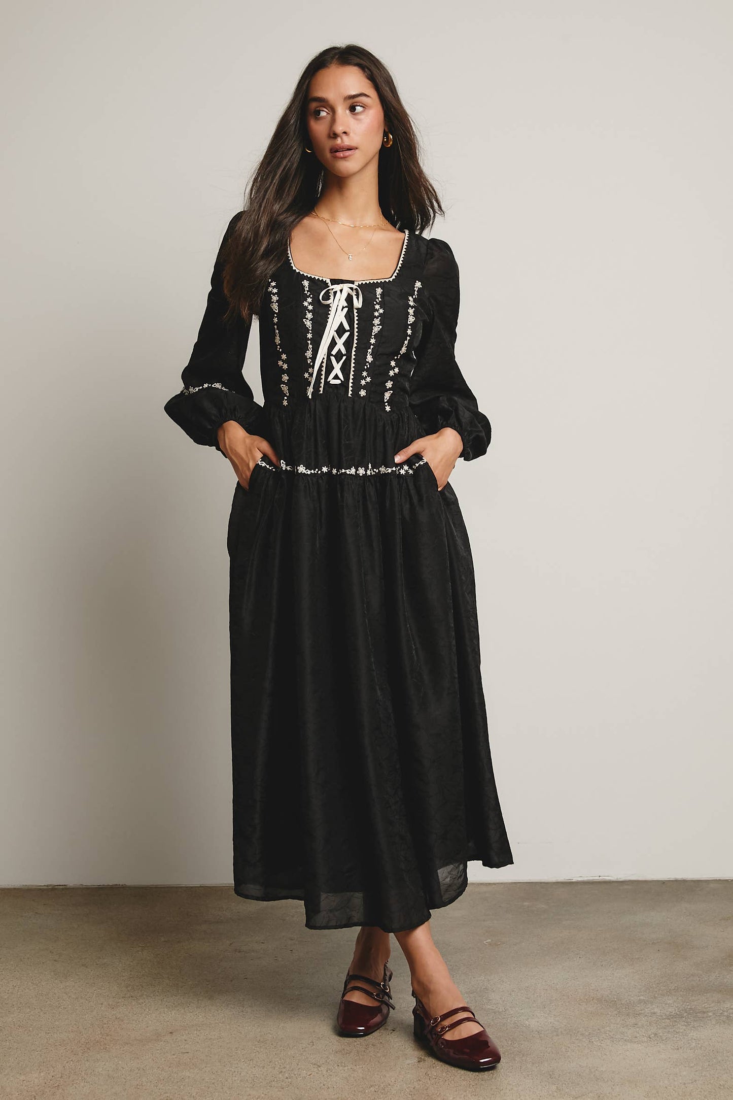 Floral Jacquard Corset Midi Dress - Black