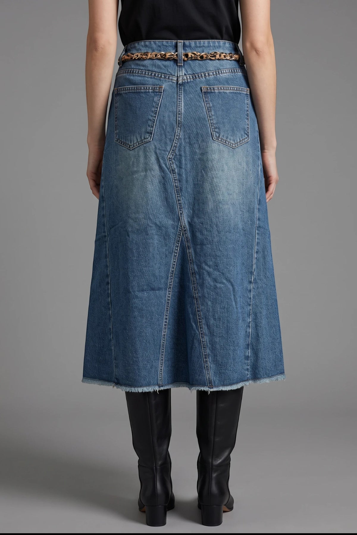 Denim Skirt Fringed Hem- Long