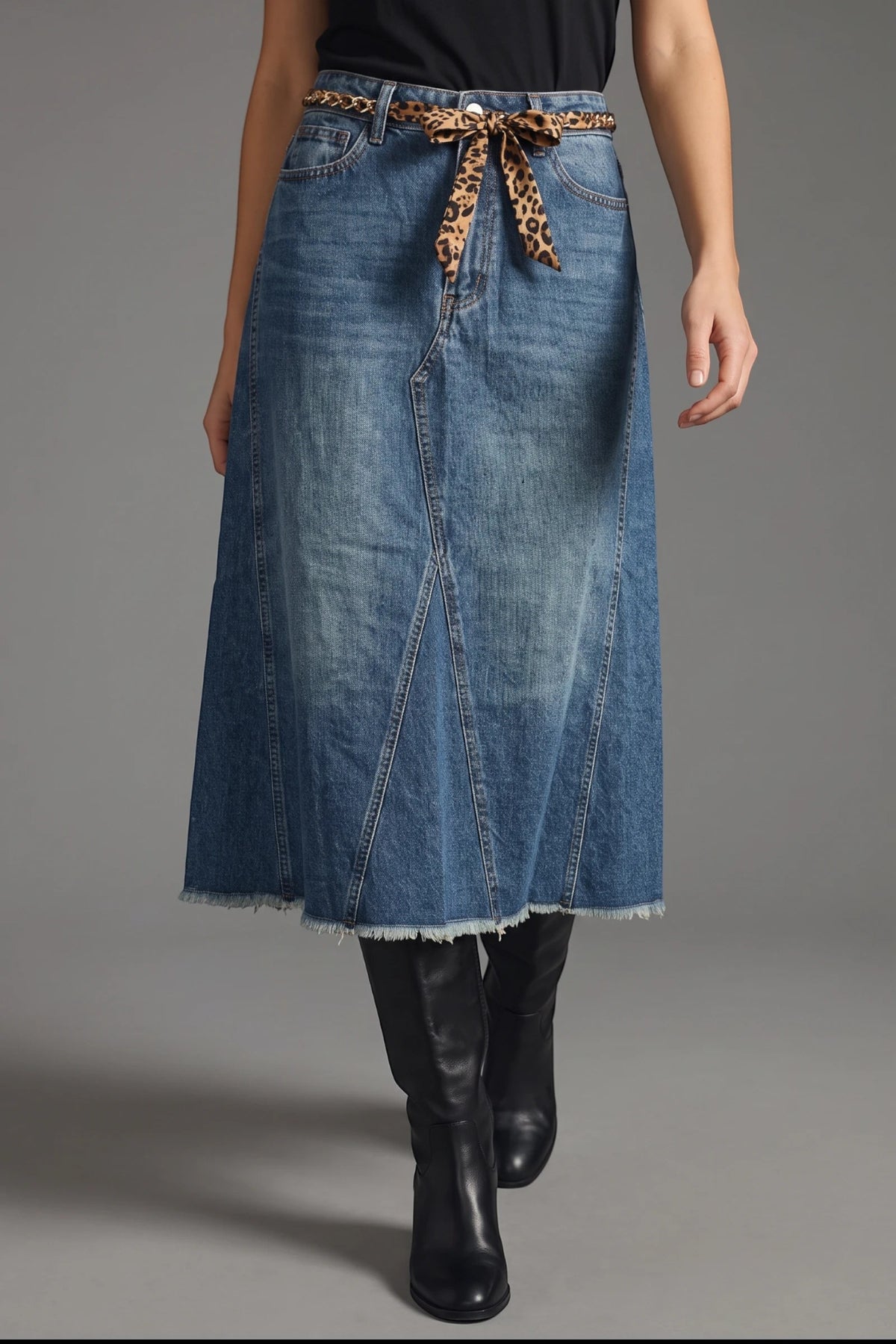 Denim Skirt Fringed Hem- Long