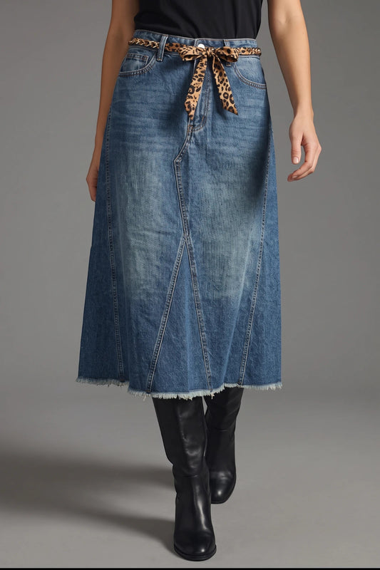 Denim Skirt Fringed Hem- Long