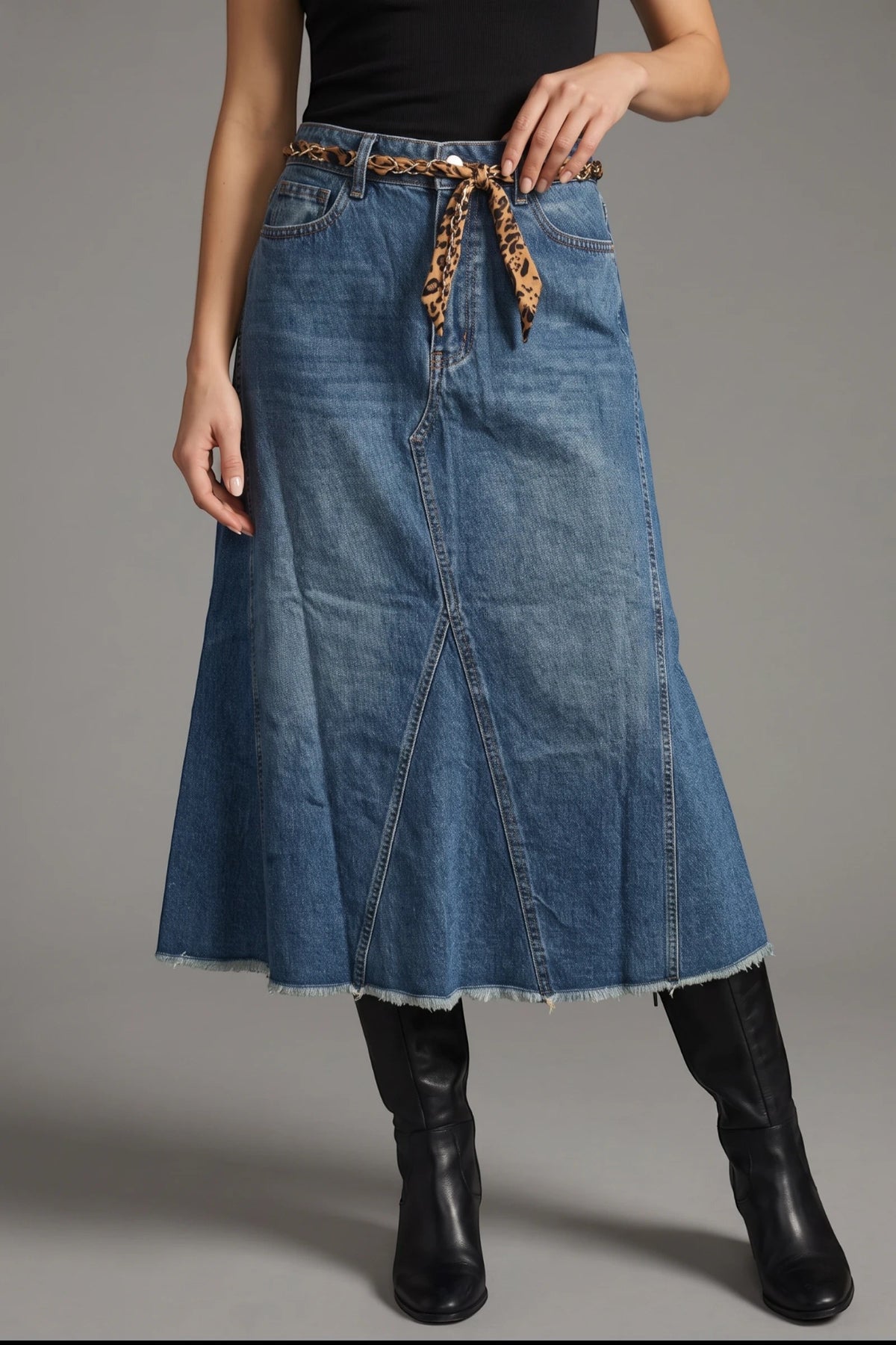 Denim Skirt Fringed Hem- Long