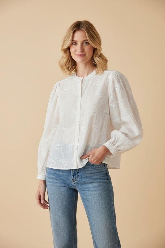 Eyelet Embroidered Puff Sleeve Blouse- White