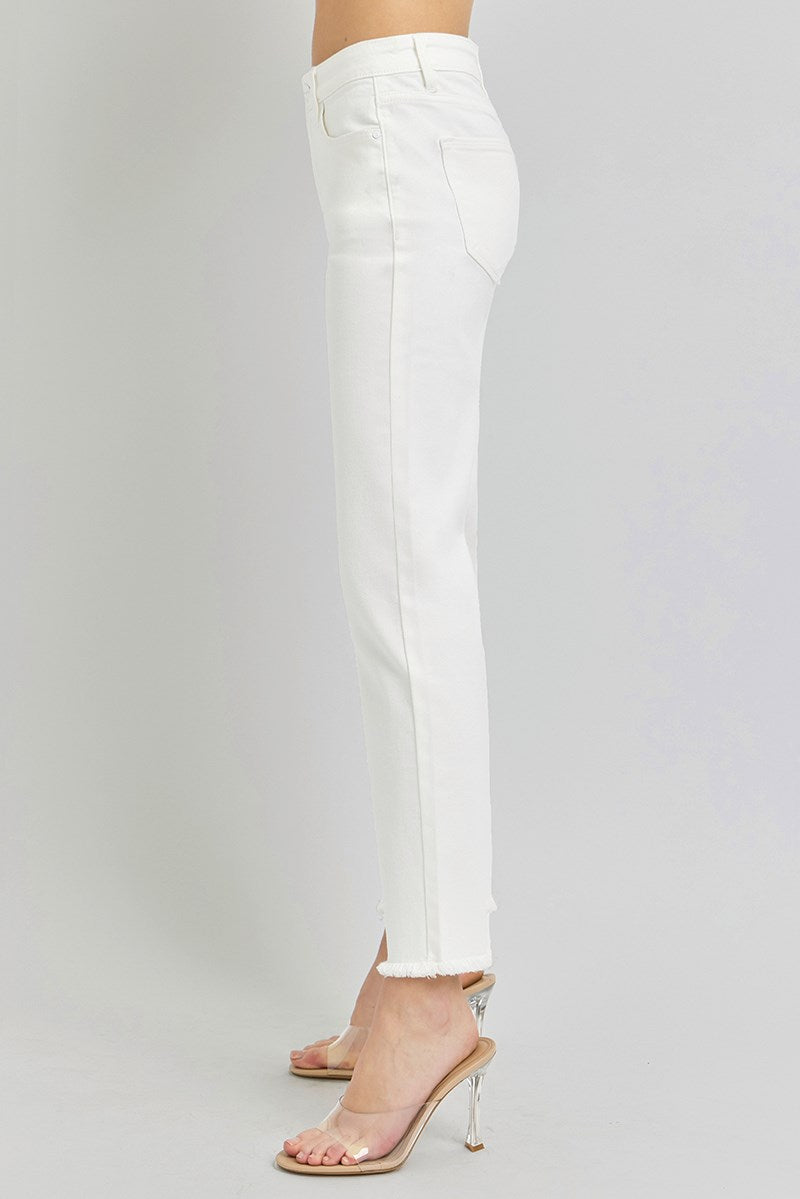 TC Mid Rise Crop Straight Fray Hem Pants - White