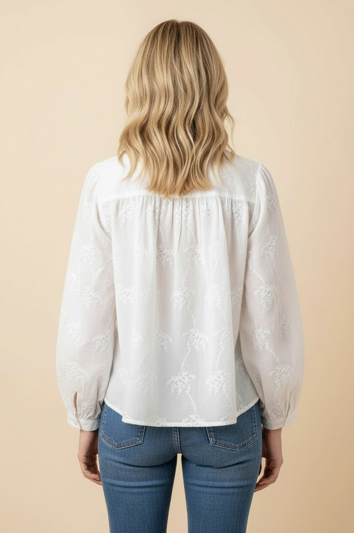 Eyelet Embroidered Puff Sleeve Blouse- White