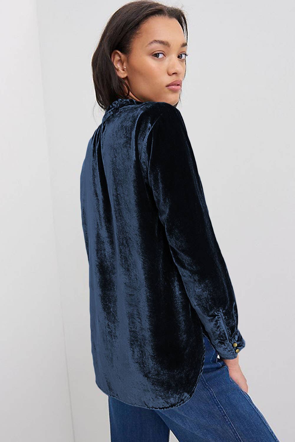 Ruffled Collar Button Front Velvet Blouse- Navy Blue