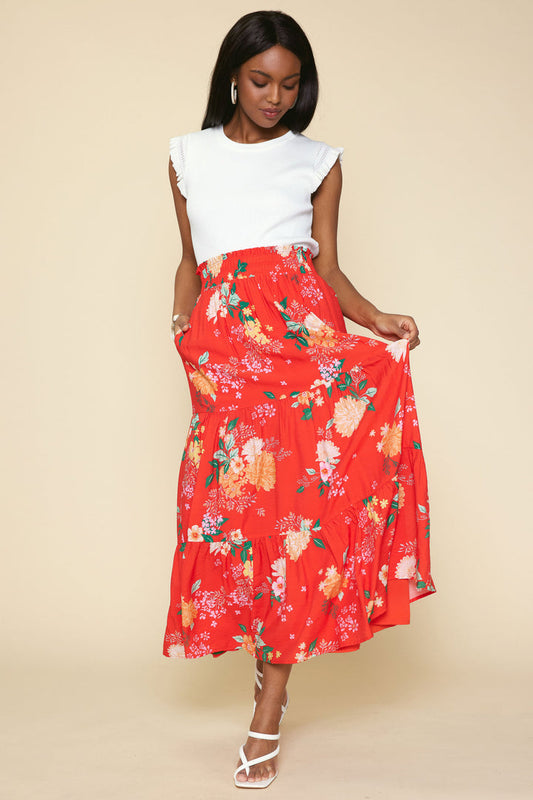 Coral Red Print Maxi Skirt