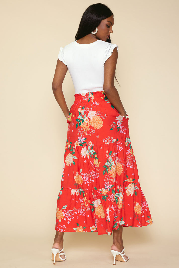 Coral Red Print Maxi Skirt