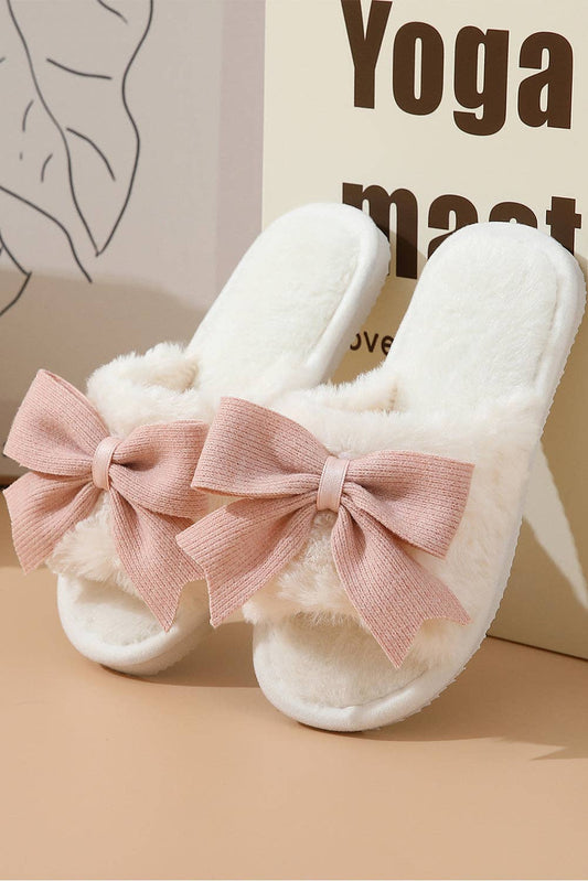 Plush Slippers Open Toe Pink Bow