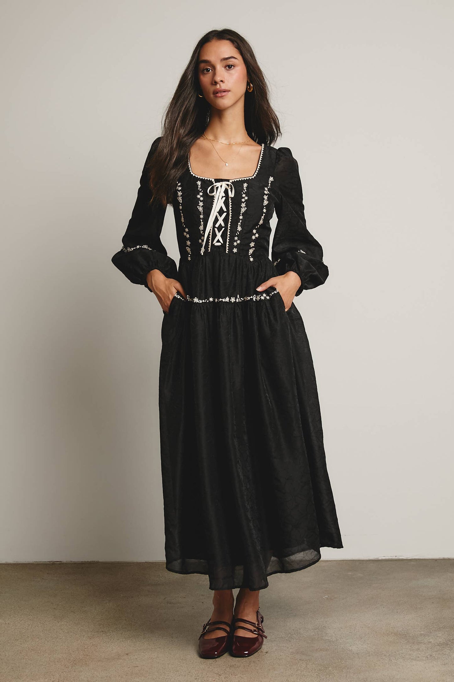 Floral Jacquard Corset Midi Dress - Black