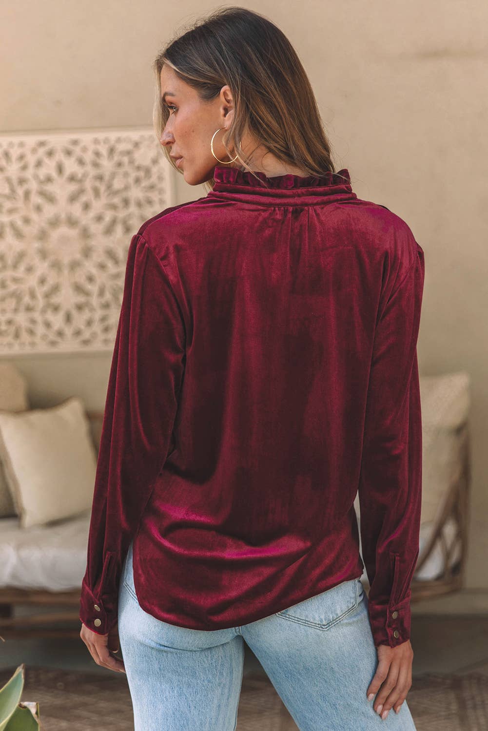 Ruffled Collar Button Front Velvet Blouse- Burgundy