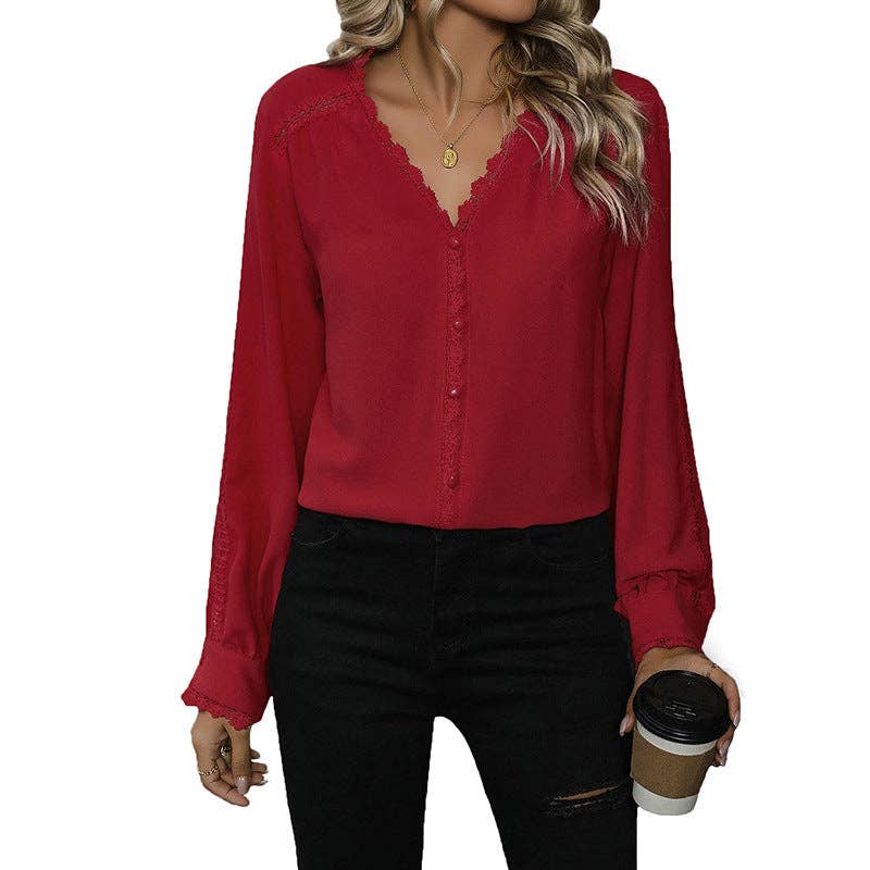 V Neck Long Sleeve Blouse- Red