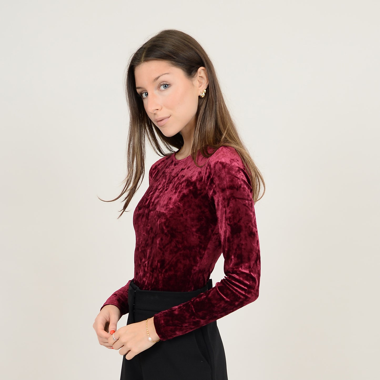 Bodysuit Crushed Velvet-High Crew Neck Burgundy