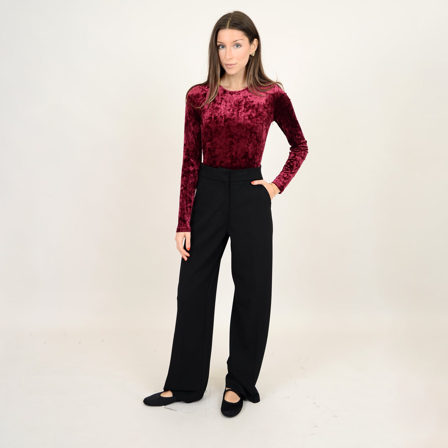 Bodysuit Crushed Velvet-High Crew Neck Burgundy