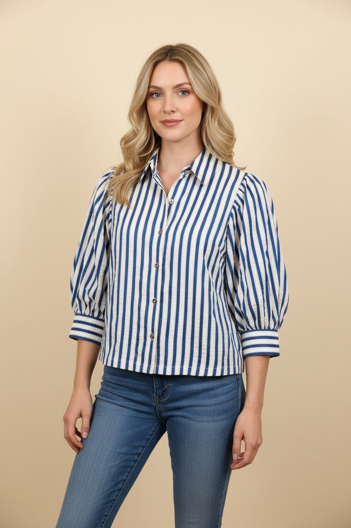 Puff Short Sleeve Striped Blouse- Blue