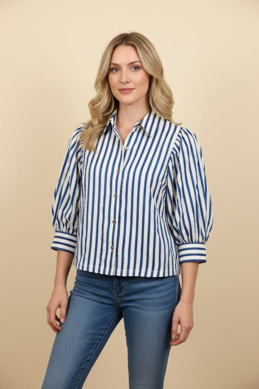 Puff Short Sleeve Striped Blouse- Blue