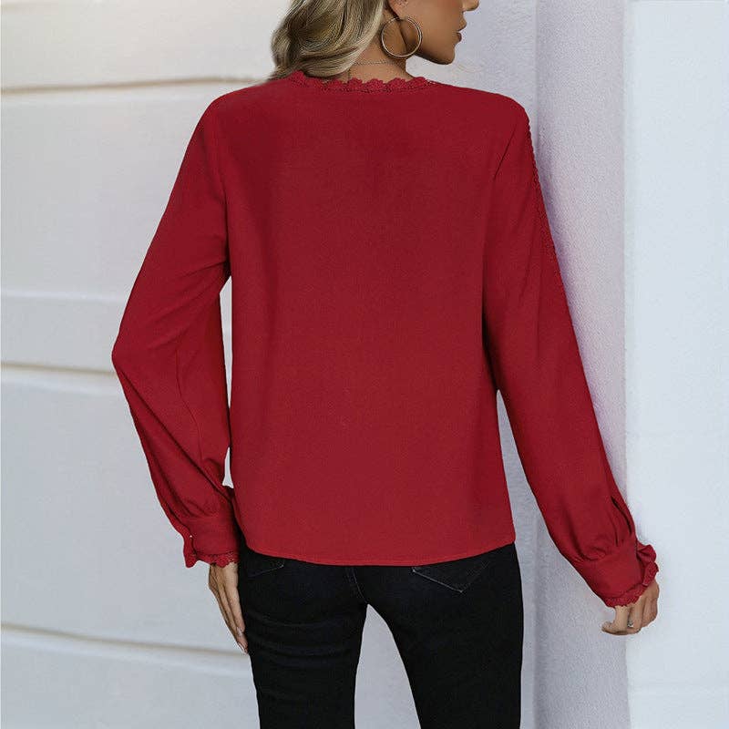 V Neck Long Sleeve Blouse- Red