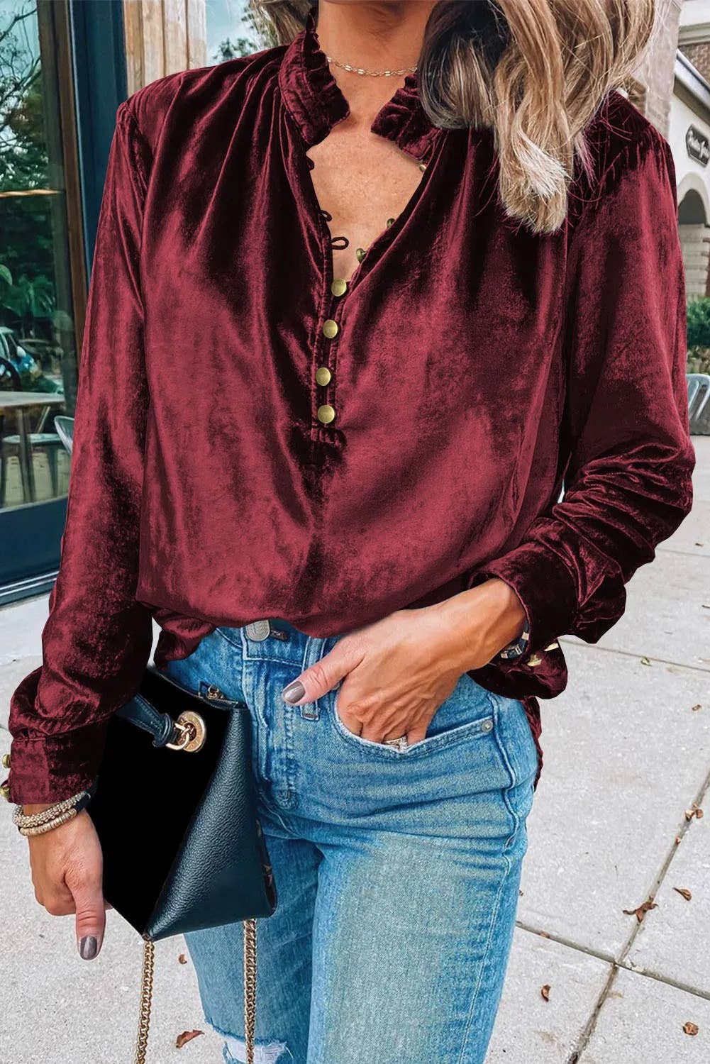 Ruffled Collar Button Front Velvet Blouse- Burgundy