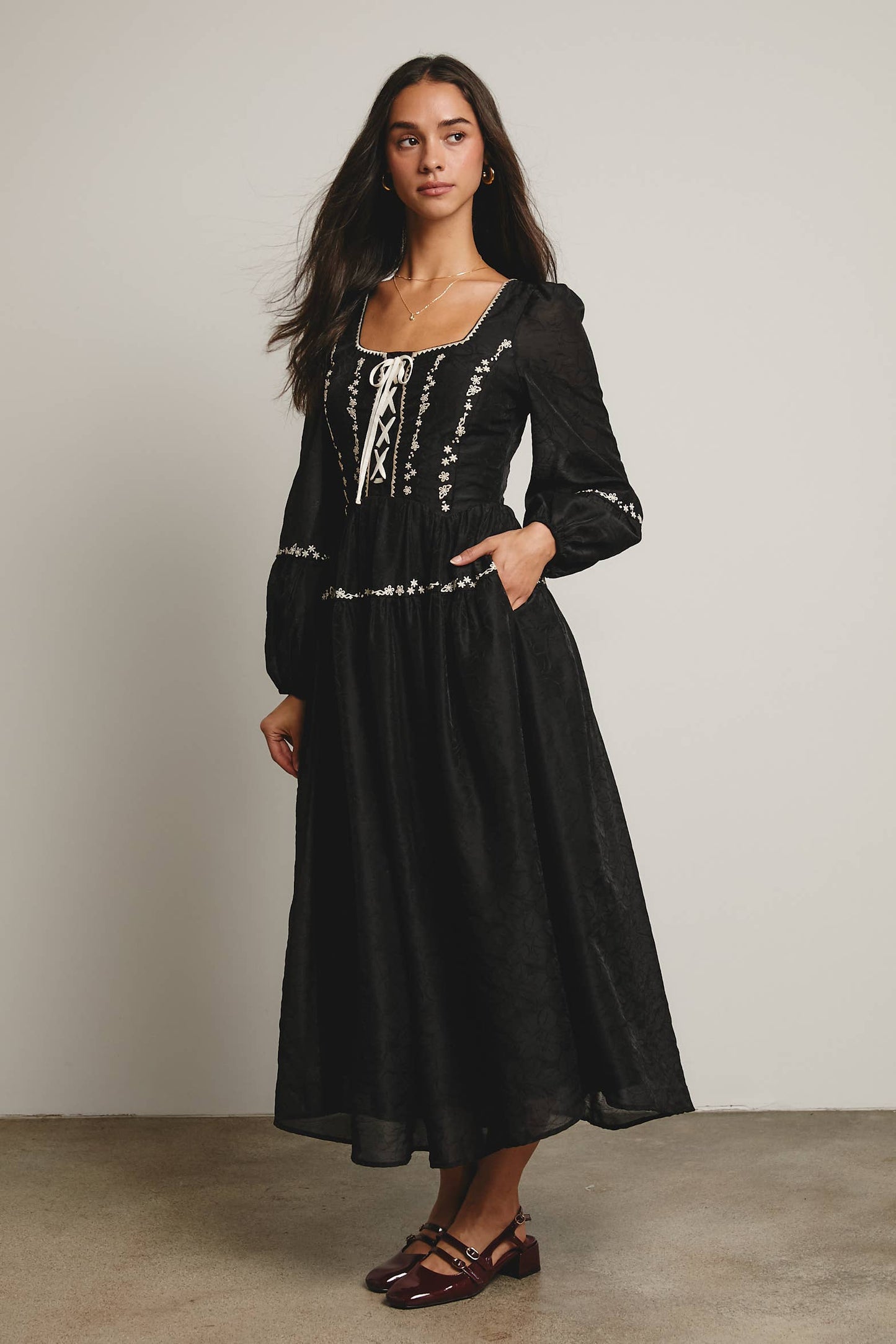 Floral Jacquard Corset Midi Dress - Black