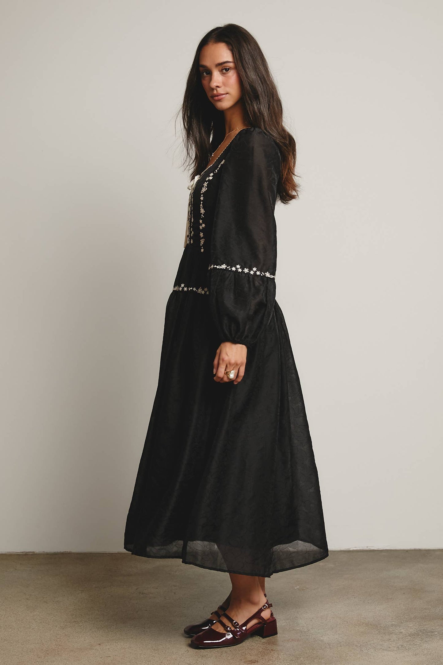 Floral Jacquard Corset Midi Dress - Black