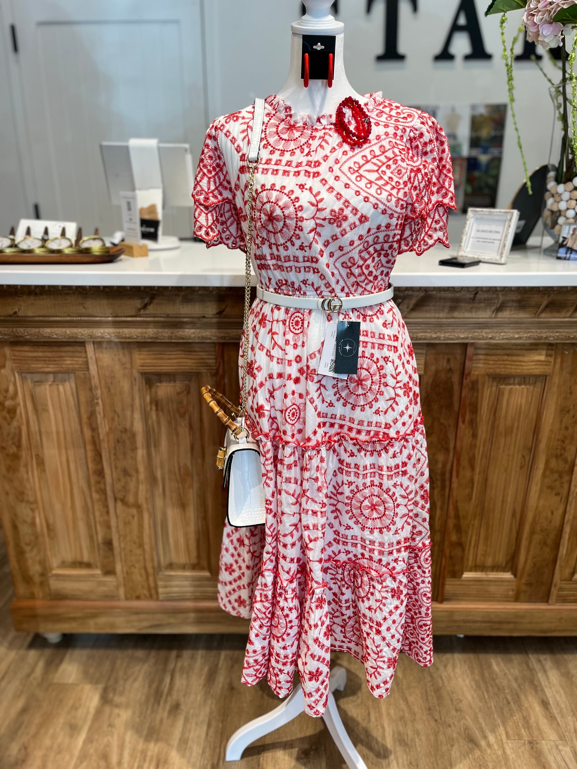 Embroidered White/Red Midi Dress North Star Embroidered White/Red Midi Dress North Star