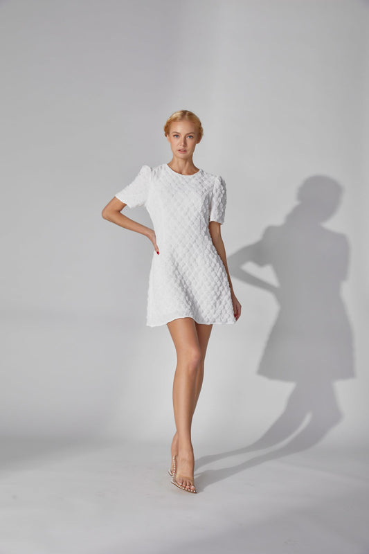 Textured Half sleeve mini dress - White