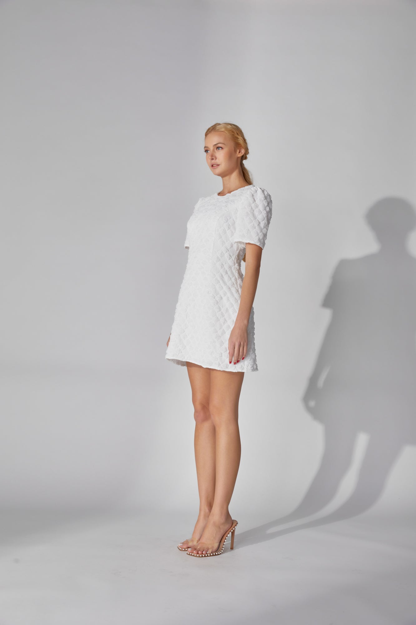 Textured Half sleeve mini dress - White