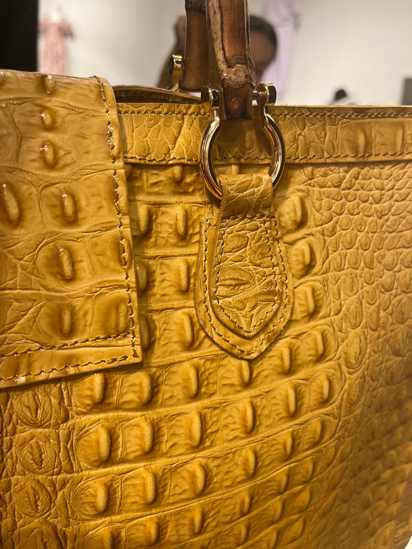 Leather Italian XL Tote Croco-Mustard