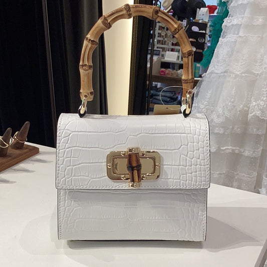 Antonella Small Croco Italian Leather Handbag- White