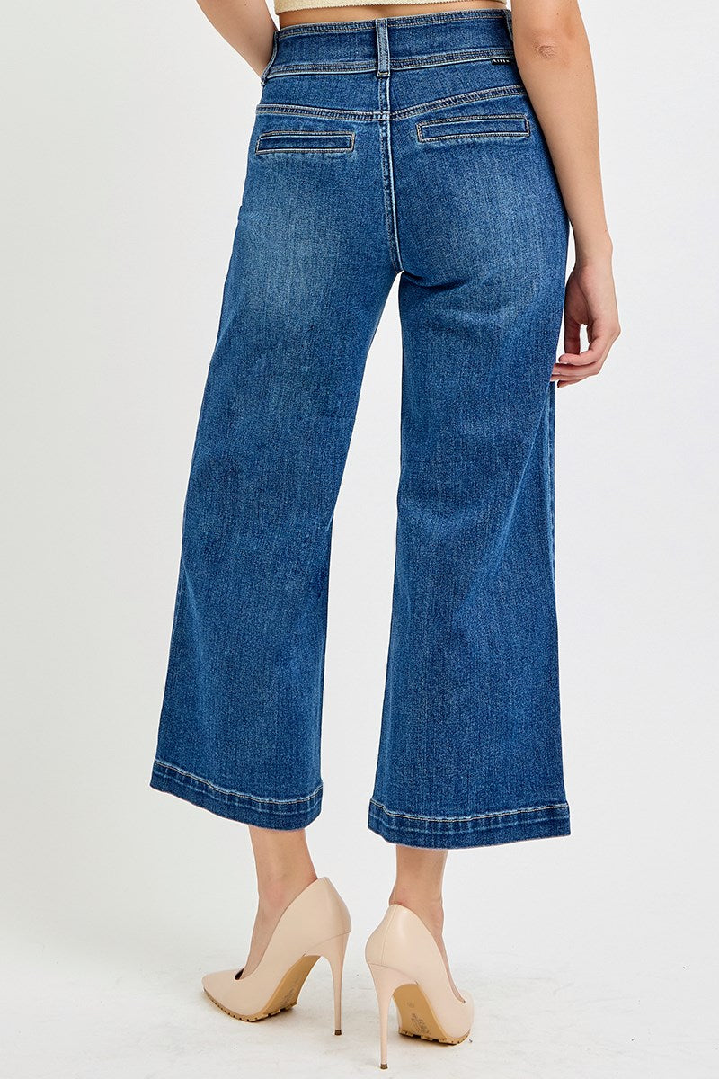 High Rise Crop Wide Waist Chain Detail Jeans - Dark