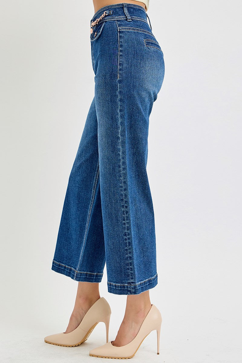 High Rise Crop Wide Waist Chain Detail Jeans - Dark