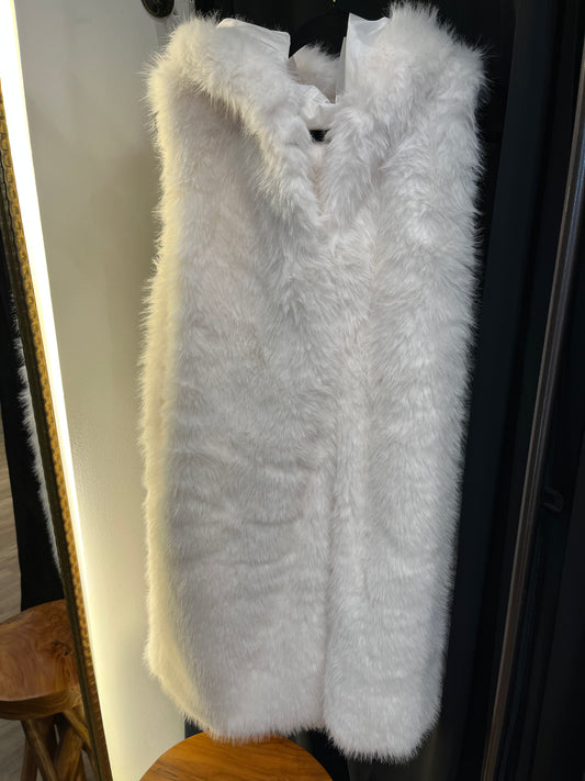 Faux Fur Hooded Long Vest w/Pockets Ivory