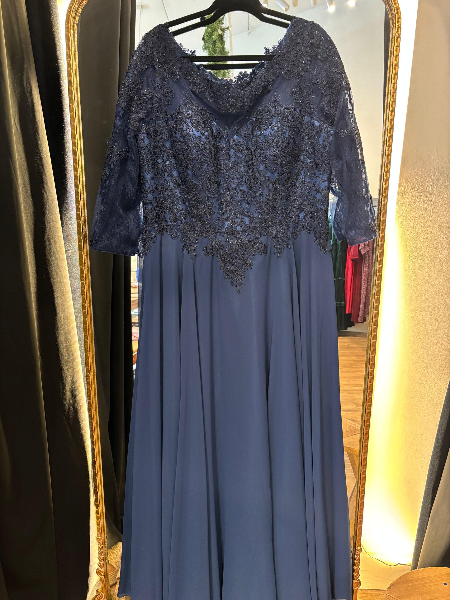 Adaline Formal Dress- Navy 3/4 Sleeve Length