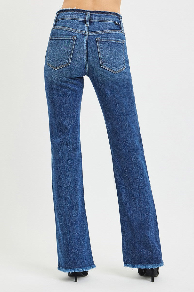 Mid Rise Bootcut Frayed Stretchy Jeans- Dark