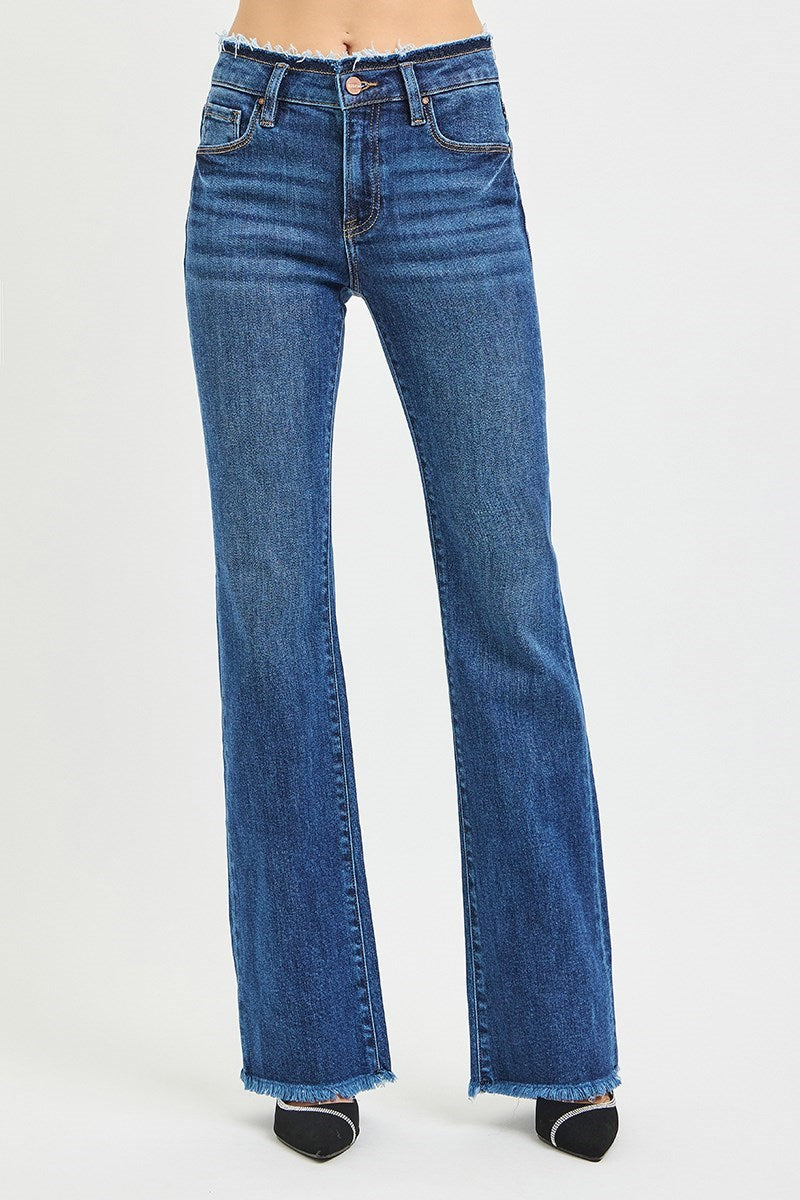 Mid Rise Bootcut Frayed Stretchy Jeans- Dark