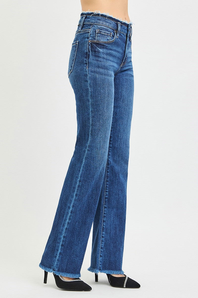 Mid Rise Bootcut Frayed Stretchy Jeans- Dark