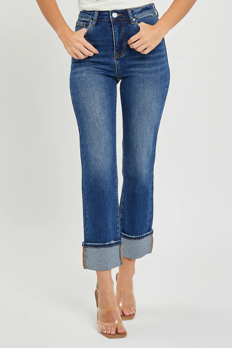 High Rise Ankle Straight Cuffed- Dark Denim