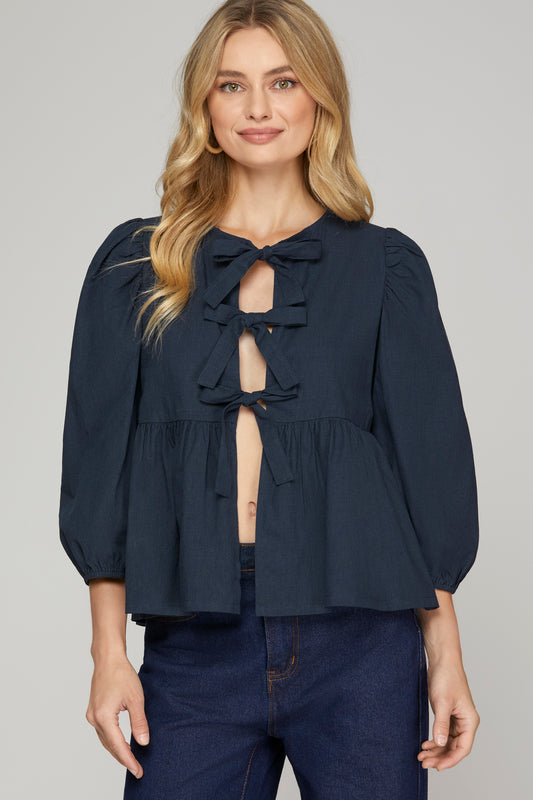 Janie Front Bow Blouse- Navy