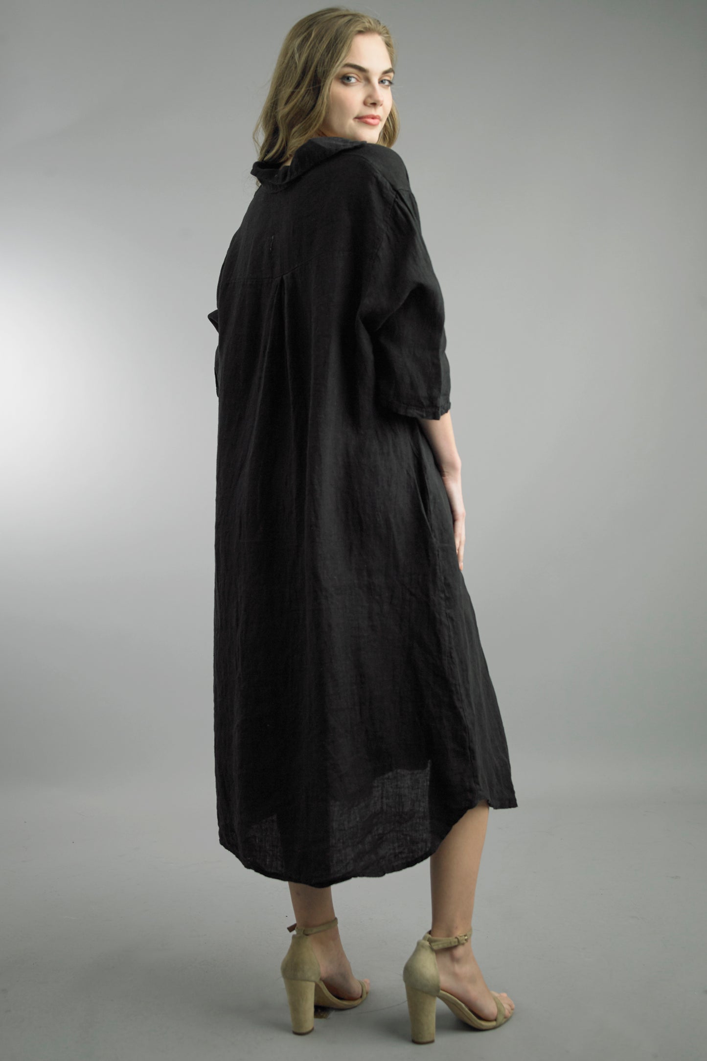 Isabella Linen Black Midi Dress