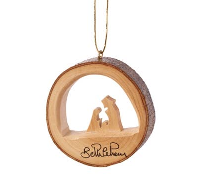Round Bark Ornament with Holy Family