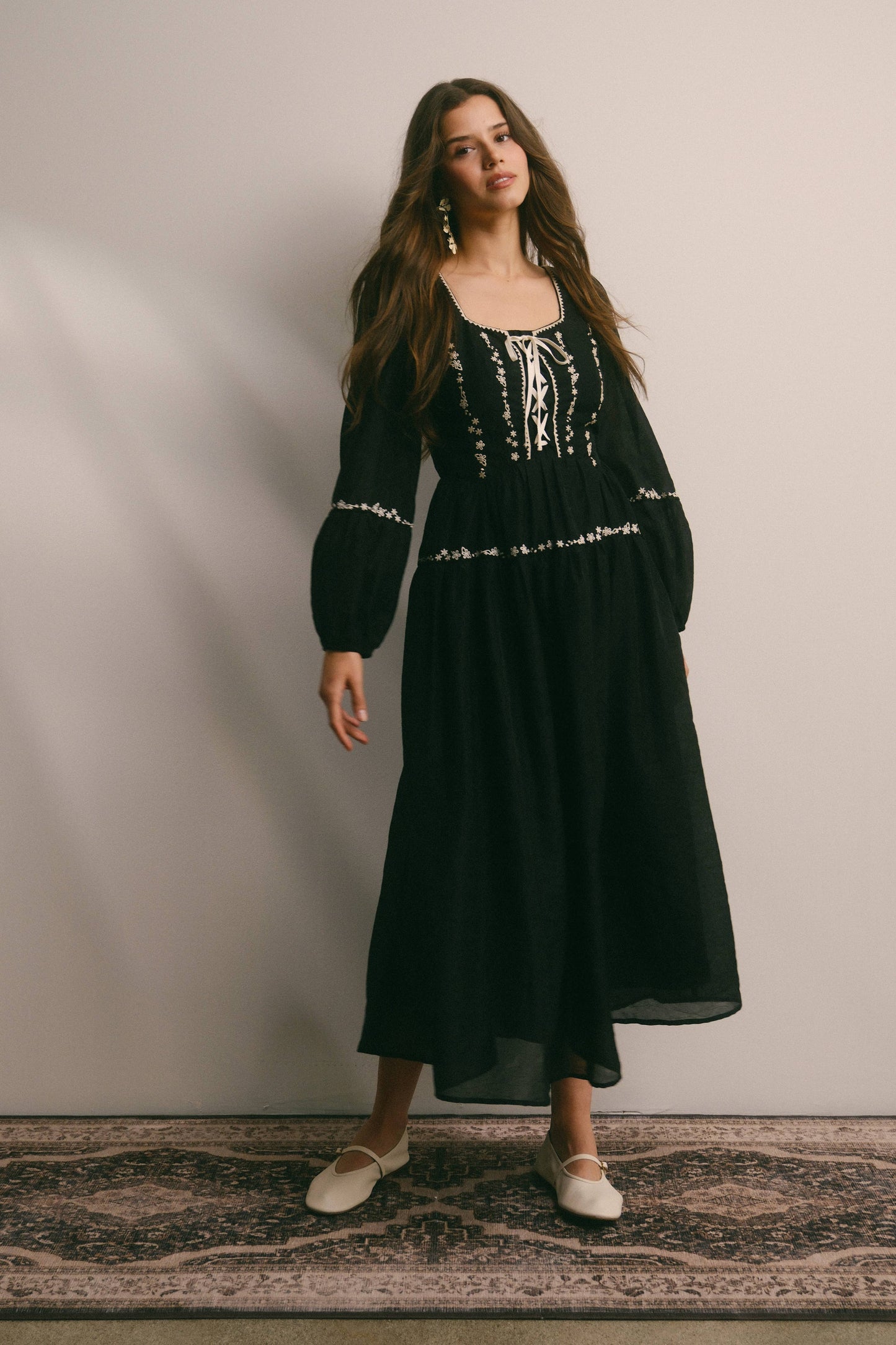 Floral Jacquard Corset Midi Dress - Black