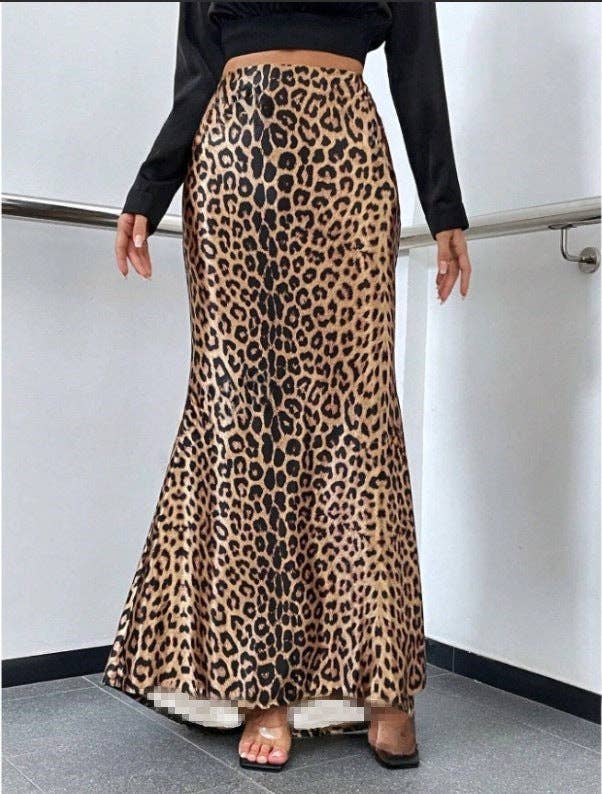 Leopard Print Mermaid Hem Skirt - Maxi