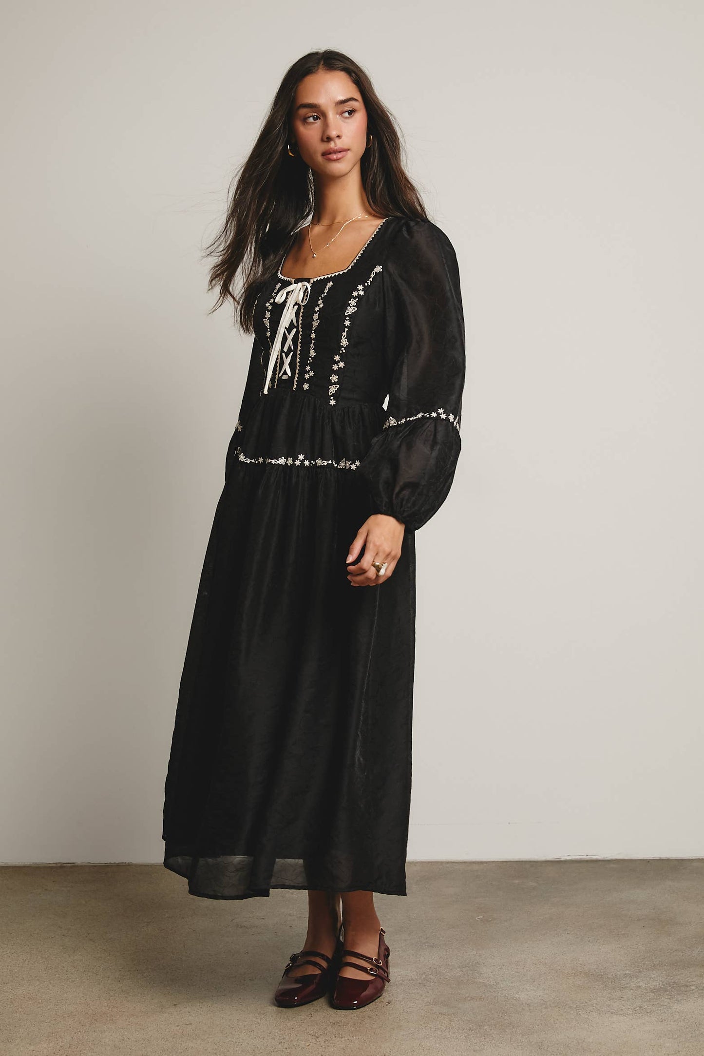 Floral Jacquard Corset Midi Dress - Black