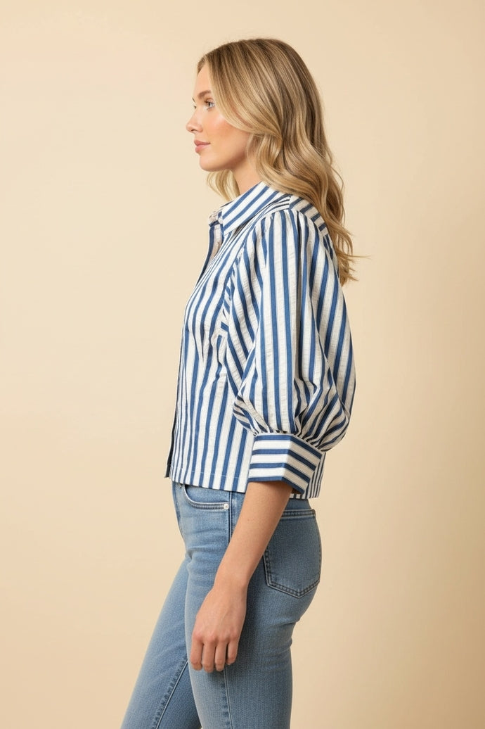 Puff Short Sleeve Striped Blouse- Blue